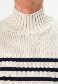 Primo piano di una persona che indossa un maglione a collo alto di colore crema con tre righe orizzontali nere sul petto.