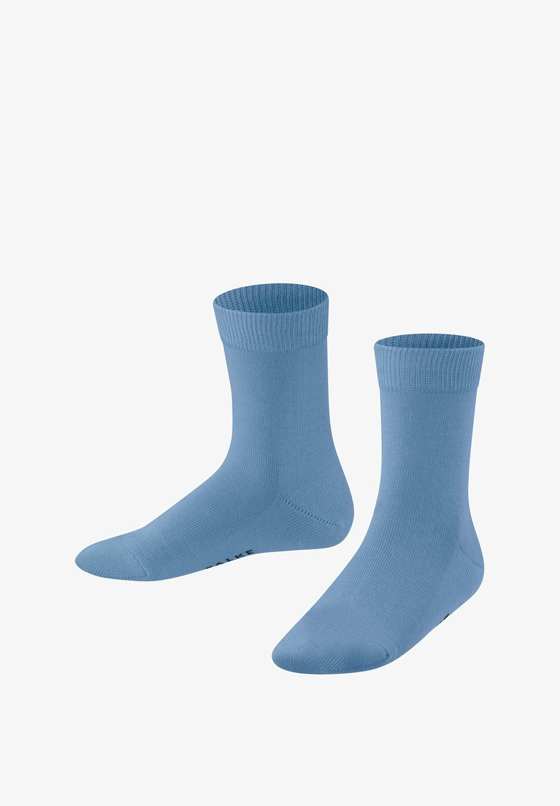 Hellblaue Baumwollsocken mit geripptem Bündchen, in mittlerer Wadenlänge, glatter Textur und verstärkten Zehen- und Fersenakzenten.