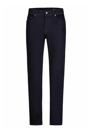 Jean droit bleu foncé avec fermeture à boutons, passants pour ceinture, poches avant et arrière, présenté sur un fond blanc.