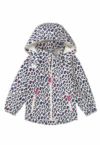 Veste à capuche pour enfant avec une base blanche et un imprimé léopard multicolore, dotée d'une fermeture éclair à l'avant, de poignets élastiques et de deux poches zippées.
