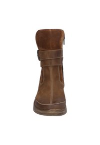 Brown suede ankle boots featuring a smooth finish, stitched detailing, and dual straps at the ankle with a side zipper for closure.