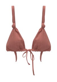 Dreieckiger Bikini-Oberteil in staubigem Rosa. Weiches, strukturiertes Material mit geknoteten Trägern und einer Krawattenverschluss in der Mitte. Lässiges Design.
