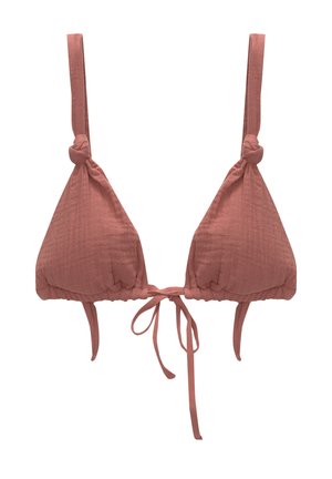 Haut de bikini triangle en rose poussiéreux. Tissu doux et texturé avec des bretelles nouées et une fermeture à nouer au centre. Design décontracté.