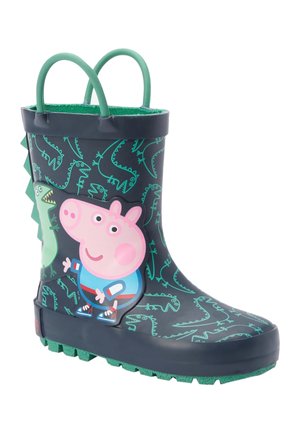Bottes de pluie bleu foncé pour enfants avec motifs de dinosaures verts, personnage de Peppa Pig et dinosaure sur le côté, et poignées vertes en haut.