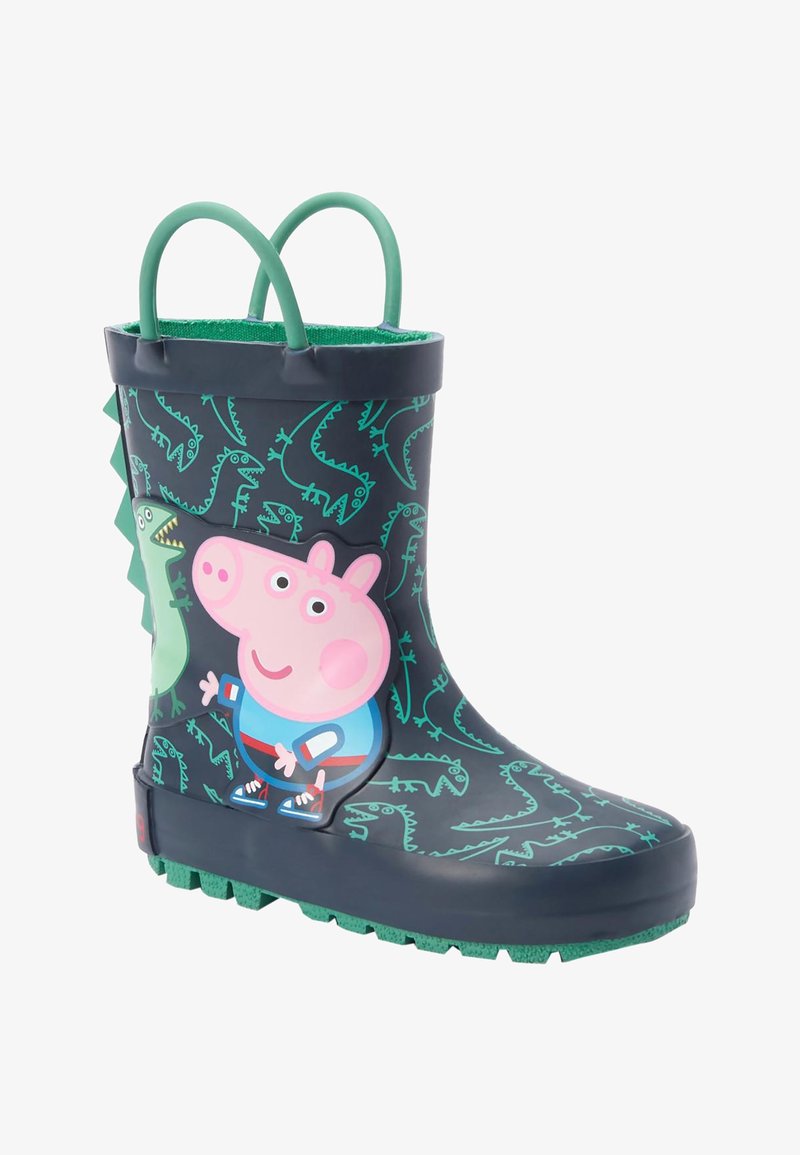 Bottes de pluie bleu foncé pour enfants avec motifs de dinosaures verts, personnage de Peppa Pig et dinosaure sur le côté, et poignées vertes en haut.