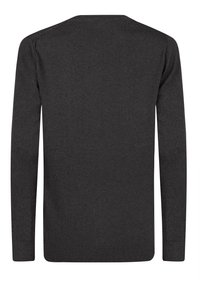 Donkergrijze trui met ronde hals, gebreide stof, lange mouwen, V-hals, geribbelde zoom en manchetten, gladde textuur, eenvoudig ontwerp, zonder zichtbare patronen.