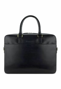 Pochette in pelle nera con due manici arrotondati, chiusura con zip, texture liscia, dettaglio con logo frontale e design minimalista.