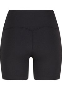 Pantalones cortos negros elásticos con una cintura alta, que presentan una textura suave y un diseño ajustado. Simples, sin patrones visibles ni herrajes.