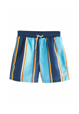Simningsshorts i en blandning av blå, orange och marinblå ränder. Har en elastisk midja med dragsko och sidofickor. Slät textur.