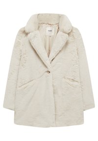 Manteau en fausse fourrure couleur crème avec col à revers larges, fermeture à un bouton et poches latérales, présenté sur un fond blanc.