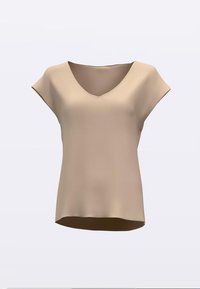 Haut beige à col en V avec manches courtes. Tissu lisse et léger avec une coupe décontractée légèrement drapée. Ourlet arrondi.