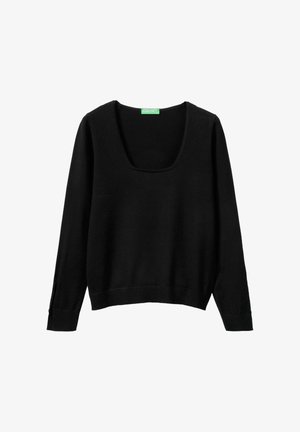 Schwarzer Pullover mit Rundhalsausschnitt, langen Ärmeln und geripptem Saum. Hergestellt aus weichem Material, mit seitlichen Schlitzen an den Bündchen.