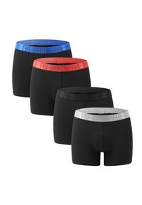 Four pairs of men's boxer shorts in black with colored elastic waistbands: blue, red, and gray. Each waistband features the brand name.