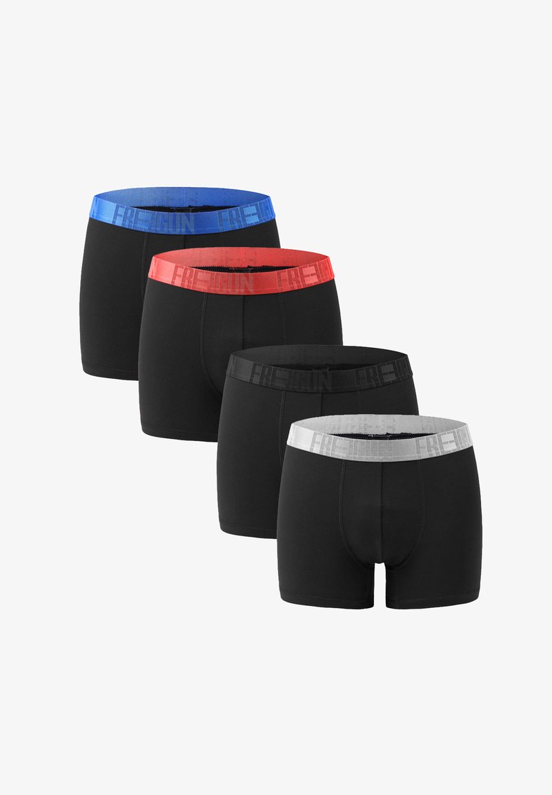 Four pairs of men's boxer shorts in black with colored elastic waistbands: blue, red, and gray. Each waistband features the brand name.