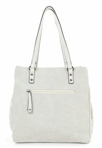 Biała torebka typu tote z perforowanym wzorem i dwoma ramiączkami na ramię. Posiada przednią kieszeń na zamek i srebrne akcenty. Miękka w dotyku, o pojemnej konstrukcji.