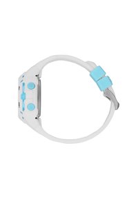 Orologio digitale con cinturino bianco, dettagli blu e quadrante rettangolare. Presenta tre pulsanti sui lati e una chiusura in argento.