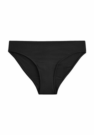 Crni bikini donji dio izrađen od glatkog materijala. Ima klasičan kroj s širokim pojasom i umjerenim pokrivanjem sa strane.