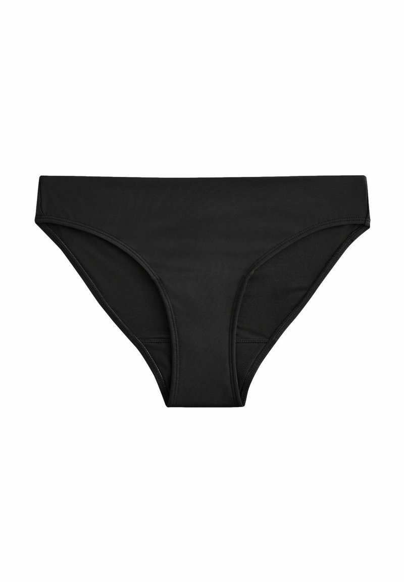 Svart bikiniunderdel tillverkad av slät tyg. Har en klassisk skärning med ett brett midjeband och måttlig täckning på sidorna.