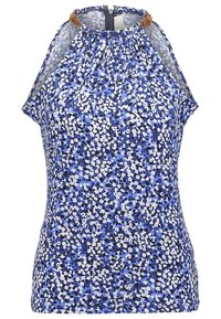 Haut bleu sans manches avec motif floral blanc et noir, encolure froncée, détails de bretelles marron, et fermeture éclair au dos.