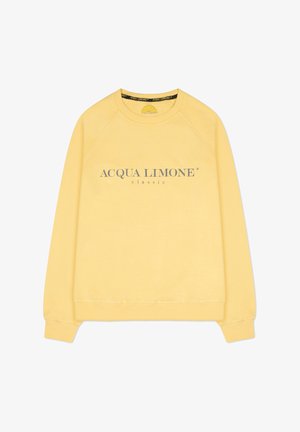 Gul sweatshirt med rund hals och raglanärmar. Har en grå tryckt logga "ACQUA LIMONE classic" på framsidan. Mjuk textur.