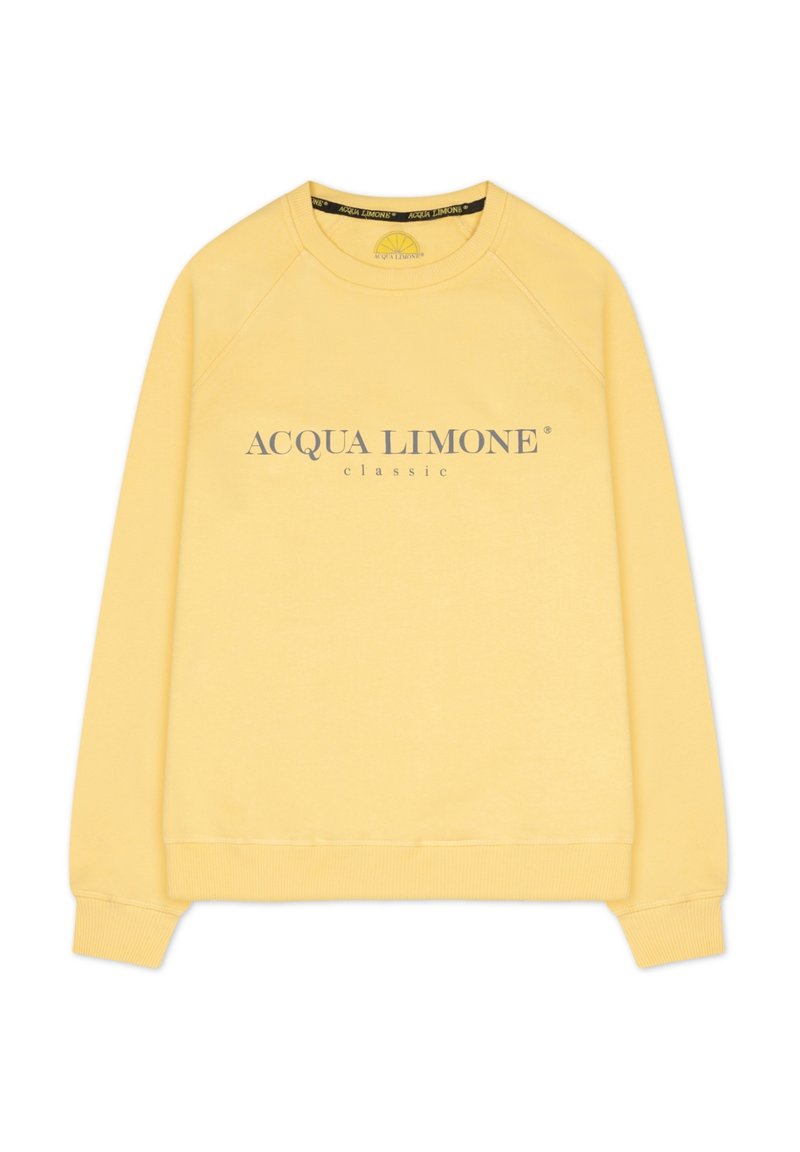 Gul sweatshirt med rund hals och raglanärmar. Har en grå tryckt logga "ACQUA LIMONE classic" på framsidan. Mjuk textur.