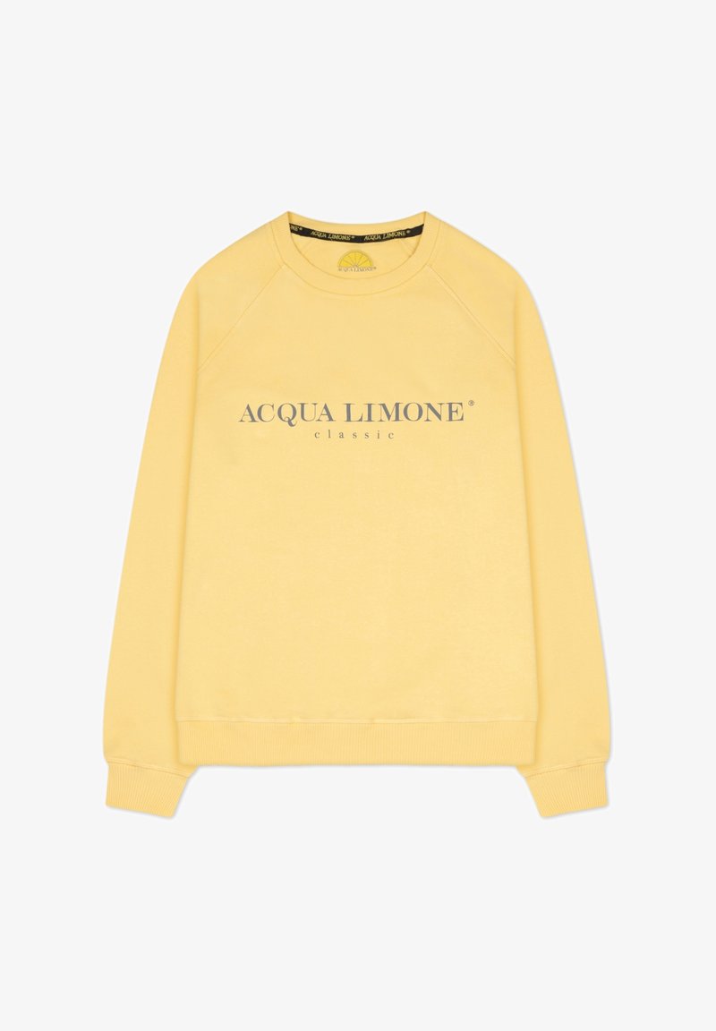 Gul sweatshirt med rund hals och raglanärmar. Har en grå tryckt logga "ACQUA LIMONE classic" på framsidan. Mjuk textur.