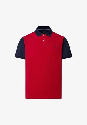Red polo shirt with navy blue collar and sleeves, two white buttons on placket, and small embroidered logo on left chest.