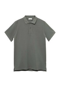 Olivově zelené polo tričko vyrobené z bavlny, s klasickým límcem, krátkým rukávem, zapínáním na tři knoflíky a bočními rozparky na spodním lemu.