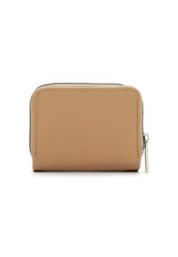 Tan leather wallet with a smooth texture, zip closure, and silver hardware accents. Compact rectangular shape with rounded edges.