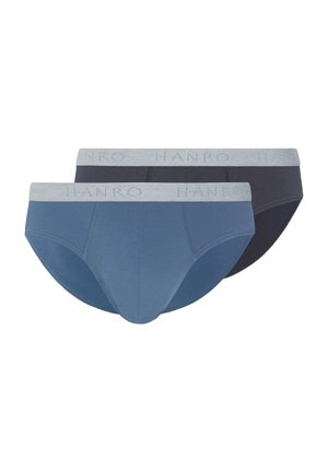 Two men’s briefs, one blue and one black, both with wide light gray waistbands displaying the HANRO brand name in capital letters.