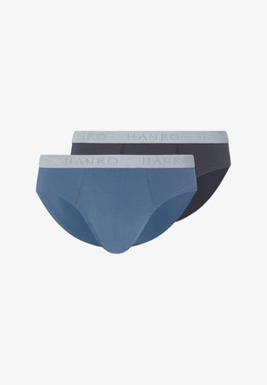 Two men’s briefs, one blue and one black, both with wide light gray waistbands displaying the HANRO brand name in capital letters.