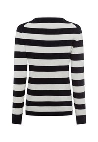 Zwart-wit gestreepte trui met lange mouwen, ronde halslijn en geribde manchetten. Gladde gebreide textuur zonder extra versieringen.