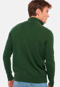 Pull en tricot vert avec un col haut, des poignets et un ourlet côtelés, présentant une texture lisse et une silhouette ajustée. Vue de dos montrée.