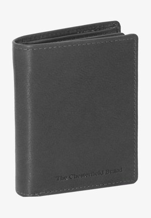 Portefeuille en cuir noir avec une texture lisse, design plié en deux, et nom de la marque en relief, avec des coutures simples le long des bords.