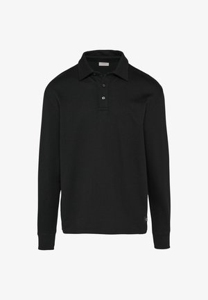 Polo shirt noir à manches longues en tissu doux. Doté d'un col classique, d'une patte de boutonnage à trois boutons et de poignets ajustés. Design simple et polyvalent.