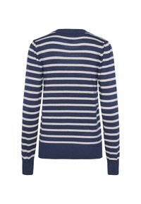 Juostuota megztinis tamsiai mėlynos ir pilkos spalvos, ilgomis rankovėmis, su briaunuotais šonais ir manžetais, turintis horizontalių juostų ir prigludusią figūrą.