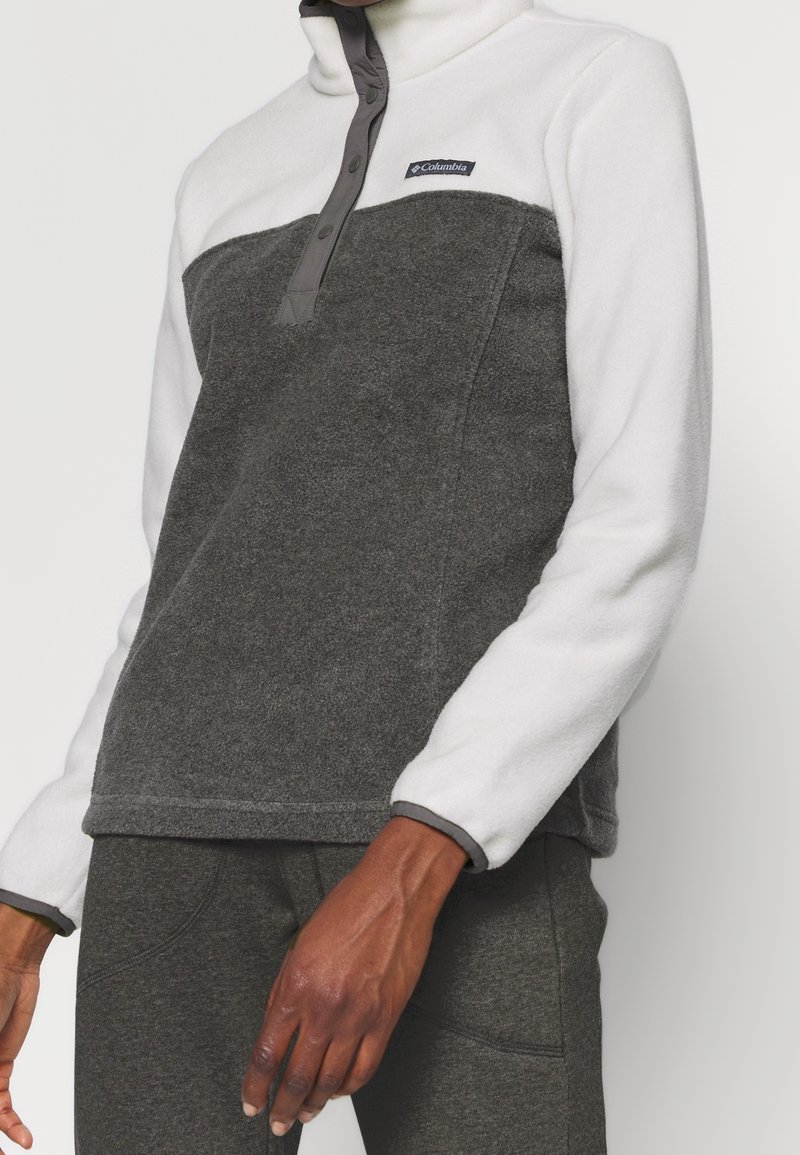 Personne portant un pull polaire bicolore avec des manches blanches et le haut de la poitrine blanc, corps gris foncé, avec le logo Columbia sur la poitrine.