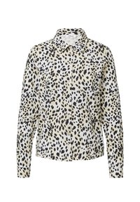 Chemise à boutons imprimée léopard en beige et noir, dotée d'un col classique, de manches longues et d'une texture de tissu lisse.