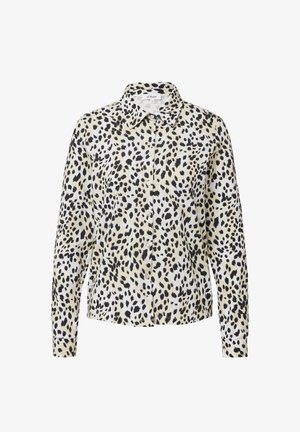 Laku modes krekls ar leopardu rakstu beidžā un melnā krāsā, ar klasisku apkakli, garām piedurknēm un gludu auduma tekstūru.