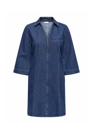 Mørkeblå denim kjole til knæet med trekvartærmer, lynlås foran, krave og en enkelt brystlomme på venstre side.