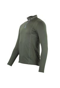 Langarm, olijfgroene sportshirt met een kwart-rits kraag, vlakke naden en een lichte, rekbare stof.