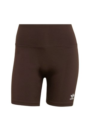 Braune Sportshorts aus elastischem Stoff. Mit hohem Bund und kleinem weißem Logo auf der unteren linken Seite.