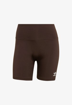 Braune Sportshorts aus elastischem Stoff. Mit hohem Bund und kleinem weißem Logo auf der unteren linken Seite.