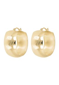 Orecchini a cerchio color oro con superficie testurizzata e bordi lisci e arrotondati. Presentano una chiusura sicura per una facile vestibilità.
