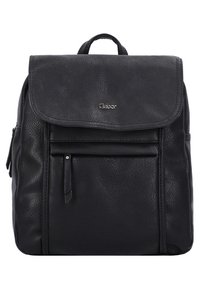 Zaino in pelle nera con finitura testurizzata, pattina pieghevole, tasca anteriore con zip e manico superiore. Accento del marchio in argento sulla pattina.