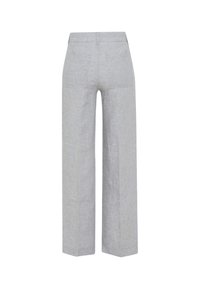Lichtgrijze linnen broek met een wijde pijpen ontwerp, een platte voorkant en twee achterzakken. Soepele textuur met minimale stikdetails.