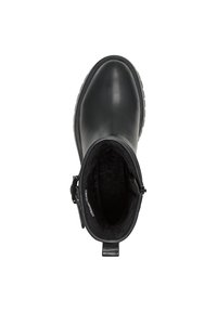 Bota negra impermeable con un exterior de cuero liso, punta redondeada, forro de tela suave y cierre de cremallera lateral para un fácil acceso.