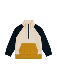 Pull beige et noir à manches longues avec demi-zip, col et poignets côtelés, et une grande poche frontale jaune moutarde.