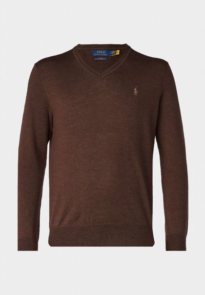 Polo Ralph Lauren SLIM FIT WASHABLE WOOL V-NECK JUMPER - Pulóver - cacao brown heather