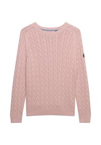 Jasnoróżowy sweter w splot warkoczowy z okrągłym dekoltem, prążkowanymi mankietami i dołem. Posiada małą naszywkę z logo na lewym rękawie.
